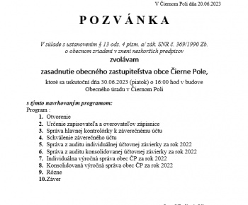 Úradná tabuľa / Pozvánka na zasadnutie OZ obce Čierne Pole dňa 30.06.2023 - foto