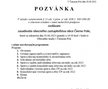 Úradná tabuľa / Pozvánka na zasadnutie OZ obce Čierne Pole dňa 30.06.2023 - foto