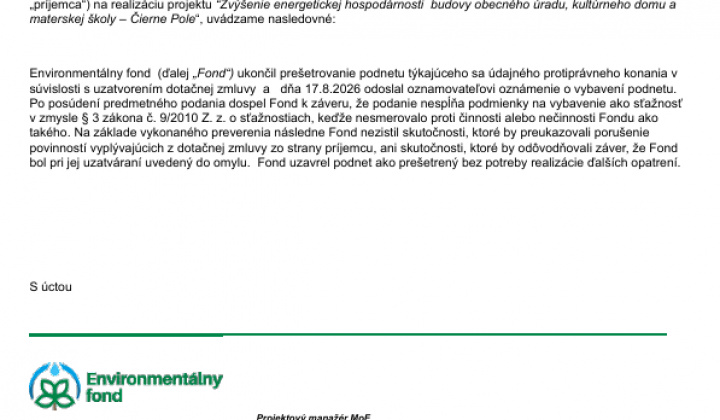 Aktuality / Stanovisko environmentálneho fondu k prešetreniu podnetu  - foto